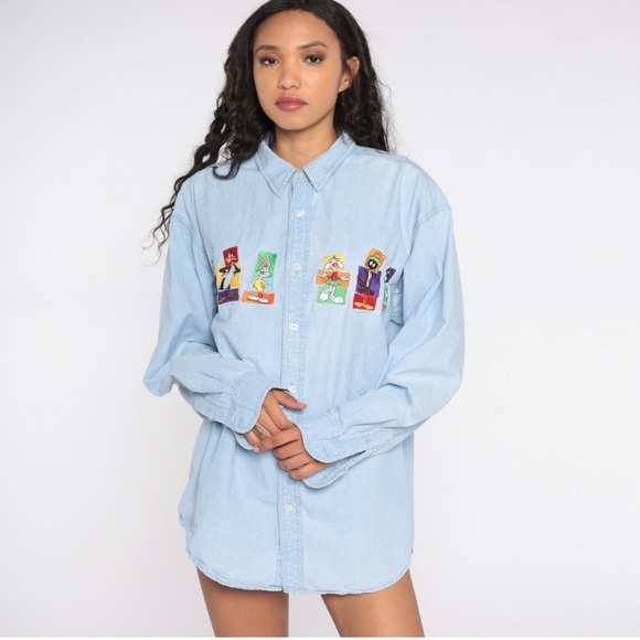 VINTAGE 90's Warner Bros Looney Tunes Chambray Shirt Embroidered Button Front XL - Picture 3 of 10